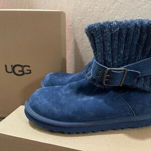 UGG Navy Suede Boots with Knit Cuff